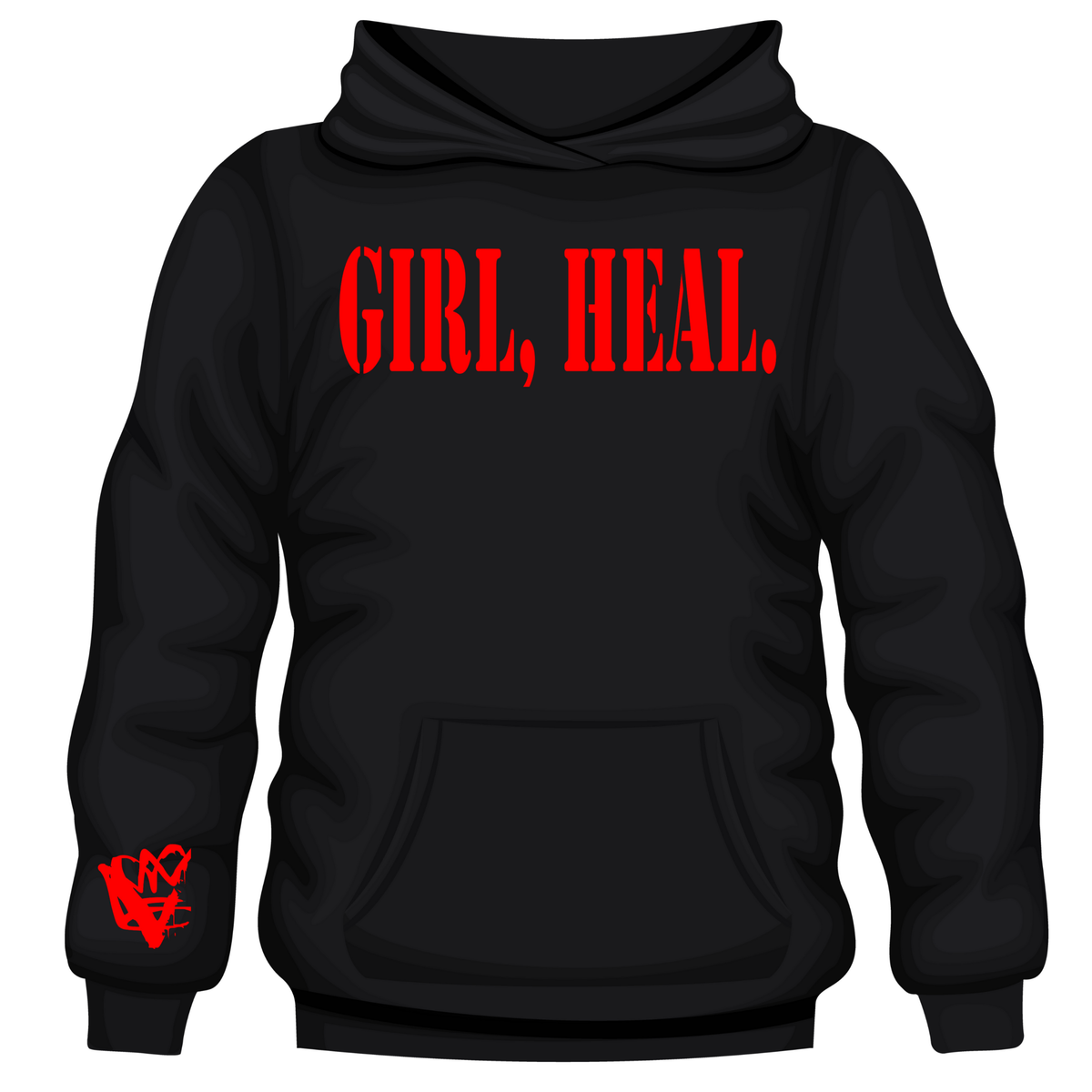 Close up image, black Girl, Heal hoodie with pink (blush) or red glitter letters.