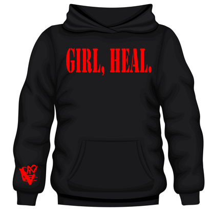 Close up image, black Girl, Heal hoodie with pink (blush) or red glitter letters. 