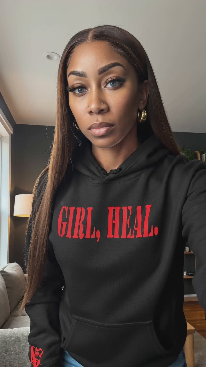 model wearing black GIRL, HEL. hoodie
